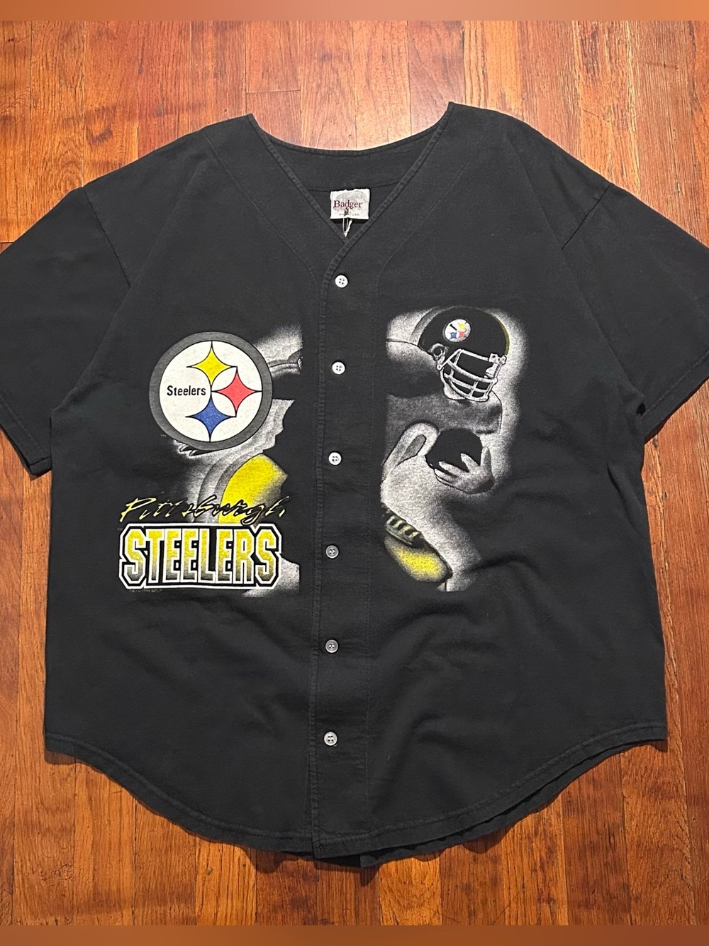 Vintage ‘90s Pittsburgh Steelers NFL Graphic Black Button Up Baseball T-shirt L